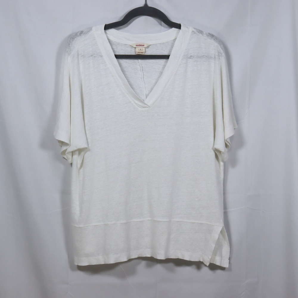 Sundance Linen V-Neck Top Large White Womens Coastal Boho Slub